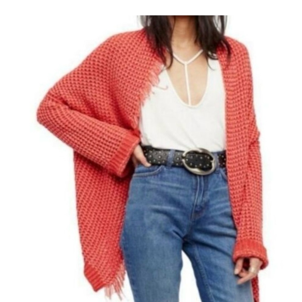 Free People I’ll Be Around Coral Orange Fringe Trim Knit Cardigan Sweater Size S